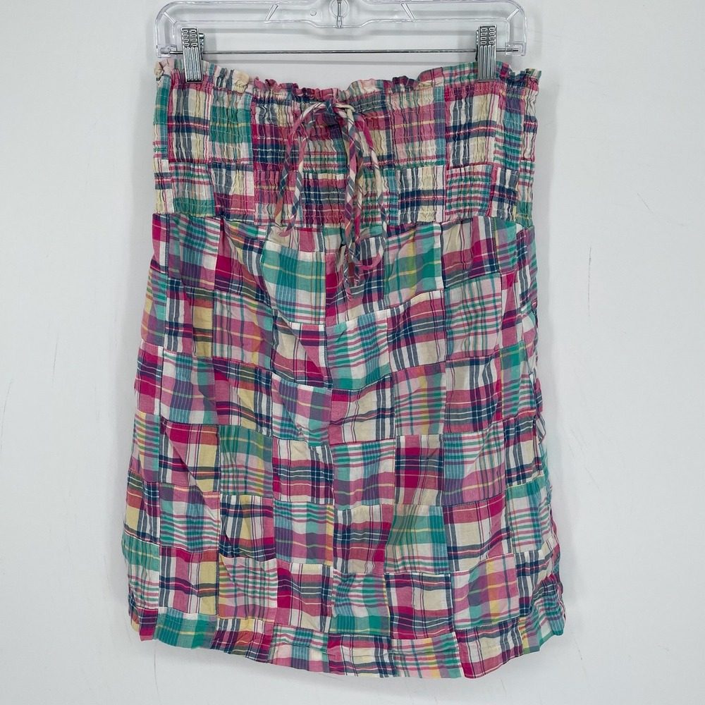 Women's Multi-Color Patchwork Plaid Madras A-Line Smocked Waist Skirt Size L-XL